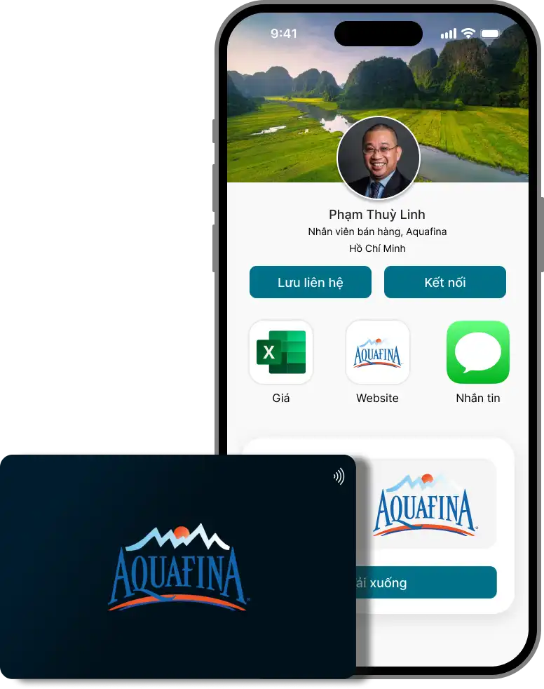 Card Visit thông minh và Card Visit điện tử được hiển thị trên điện thoại cho Aqua