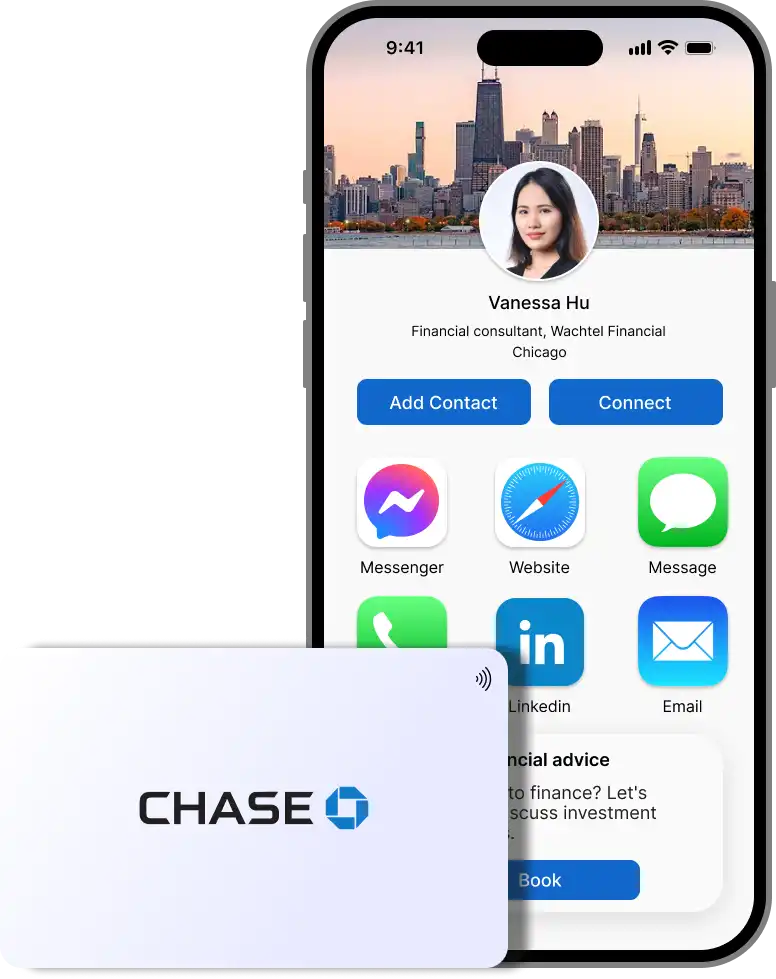 A smart business card and a digital business card displayed on a phone for Chase bank