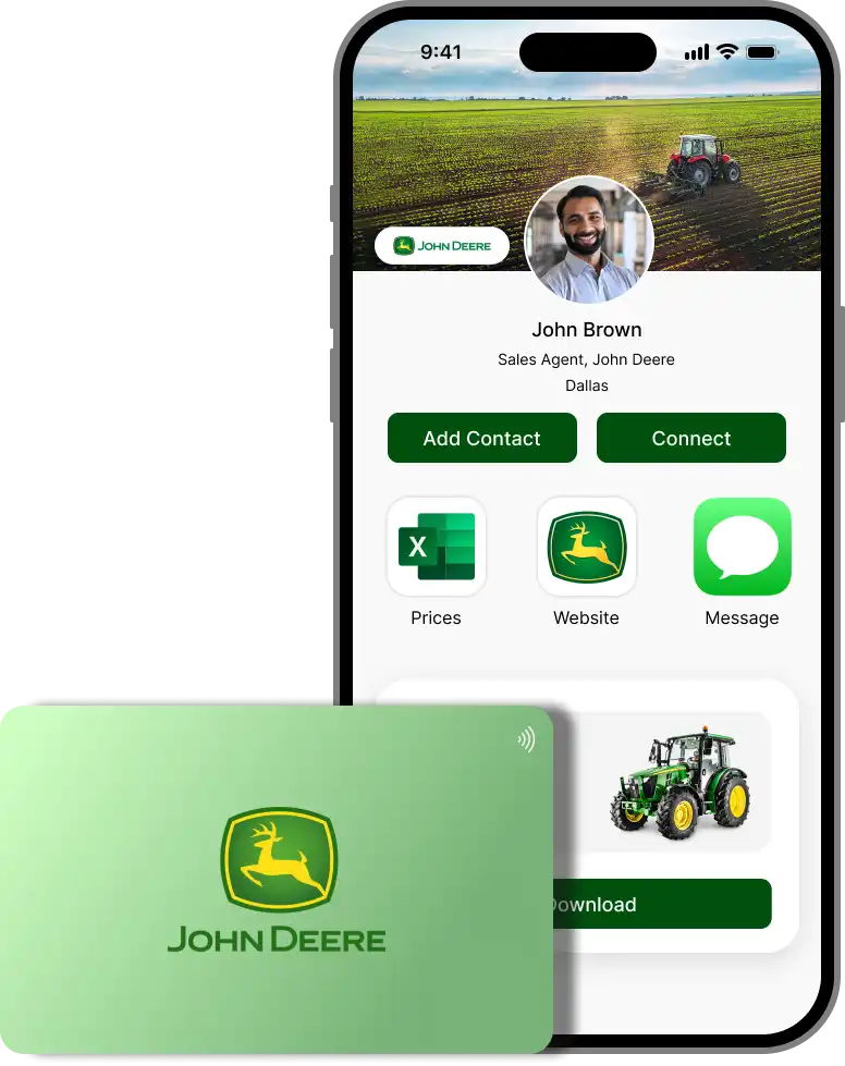A smart business card and a digital business card displayed on a phone for John Deere