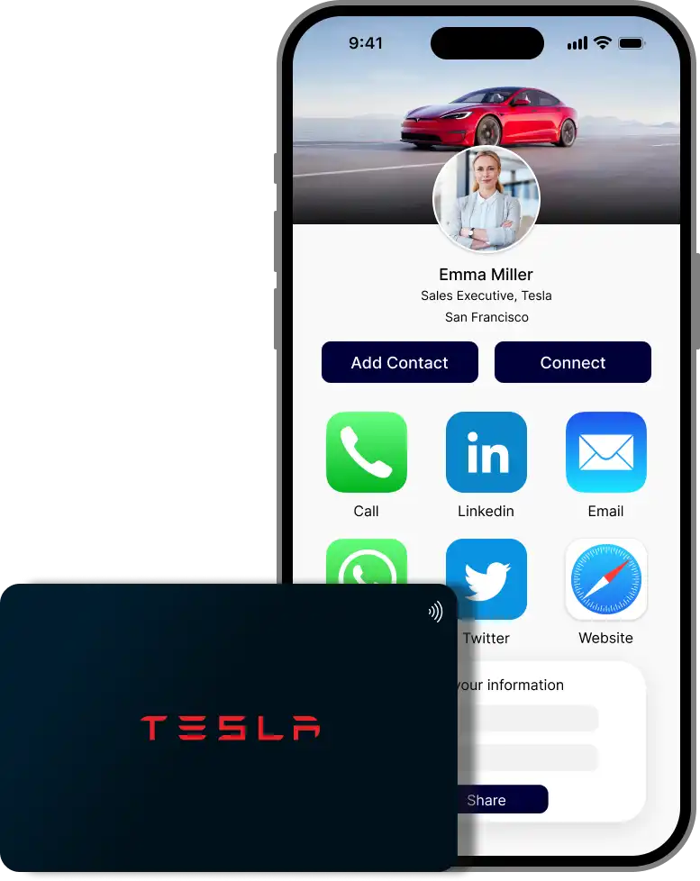 A smart business card and a digital business card displayed on a phone for Tesla